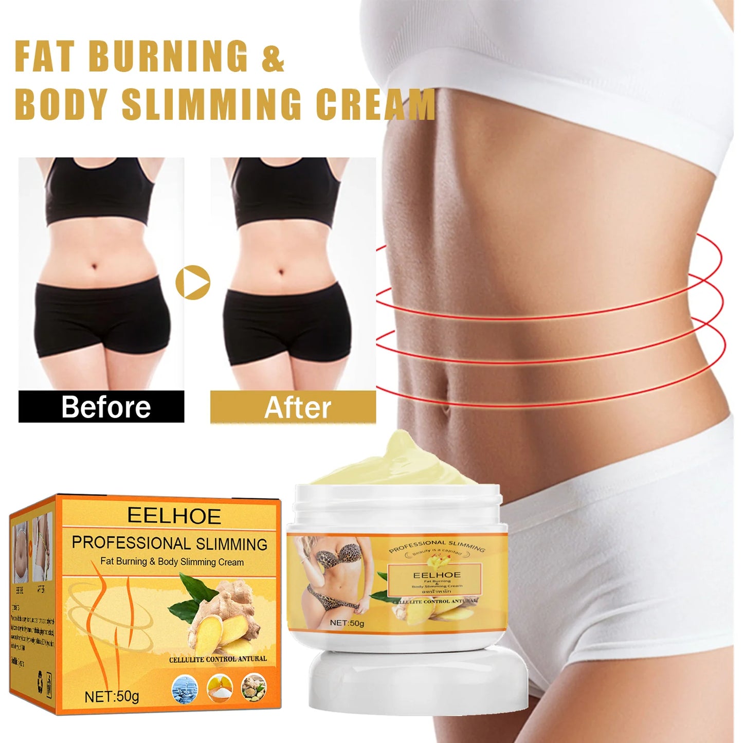 Ginger Slimming Body Cream, Anti-Cellulite Firming Fat Burning Massage Lotion for Shaping Waist, Belly, Thighs, 50G