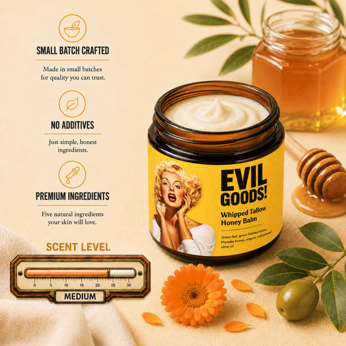 EVILGOODS Whipped Beef Tallow & Manuka Honey Balm Jar - 100% Natural Organic Vitamin-Infused Beauty Product, Grass-Fed Tallow Moisturizers & Mists, Oil-Based Hydration, Paraben-Free Healing Cream Moisturizers & Mists for Sensitive Skin