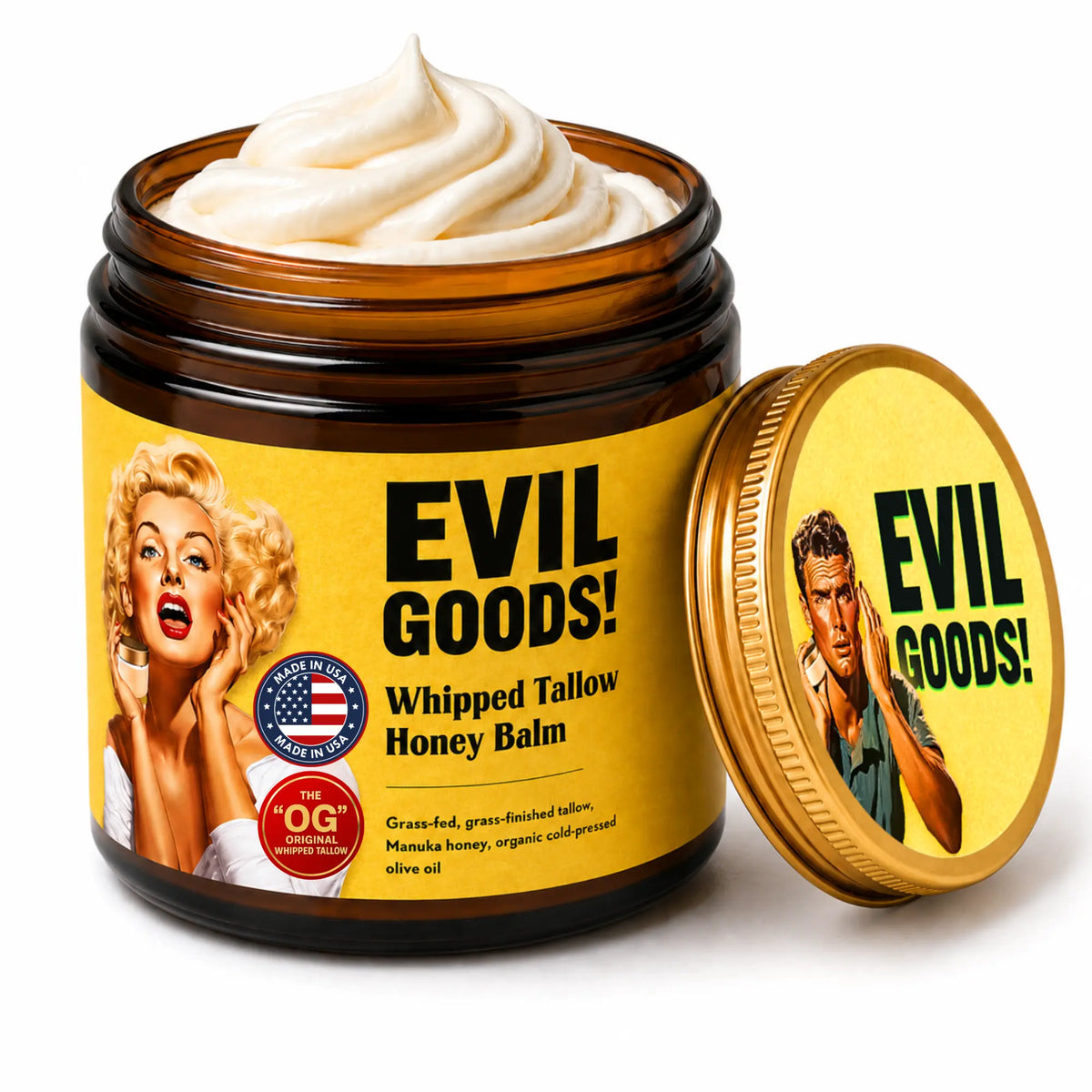 EVILGOODS Whipped Beef Tallow & Manuka Honey Balm Jar - 100% Natural Organic Vitamin-Infused Beauty Product, Grass-Fed Tallow Moisturizers & Mists, Oil-Based Hydration, Paraben-Free Healing Cream Moisturizers & Mists for Sensitive Skin