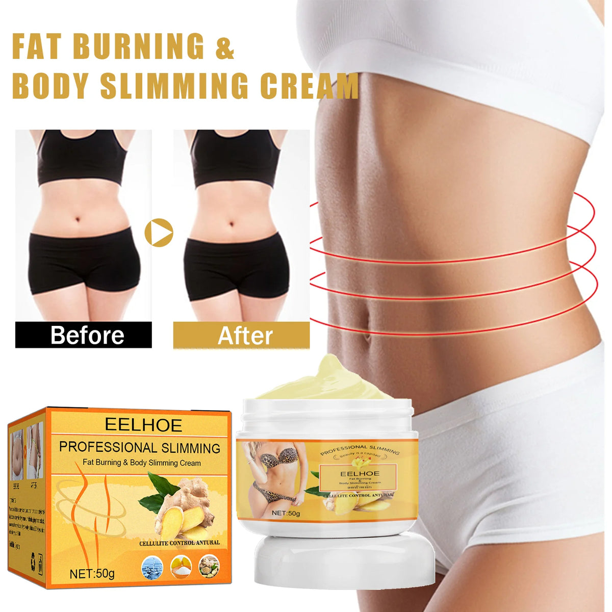 Ginger Slimming Body Cream, Anti-Cellulite Firming Fat Burning Massage Lotion for Shaping Waist, Belly, Thighs, 50G
