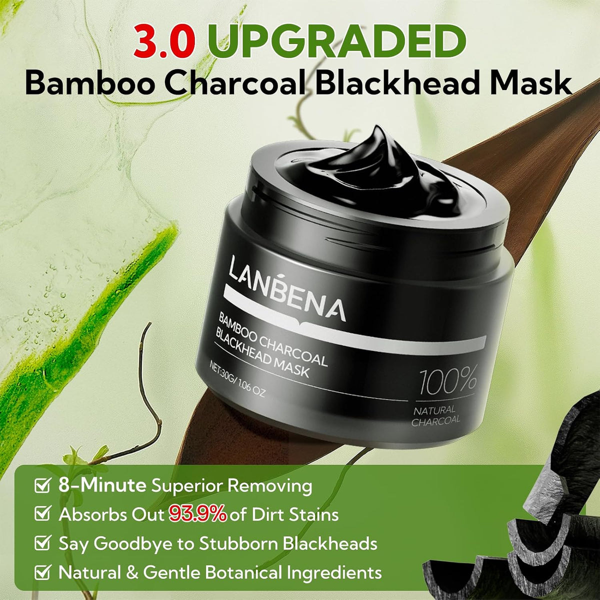 3.0 Bamboo Charcoal Blackhead Remover Mask, Nose Pore Strips, 60Pcs