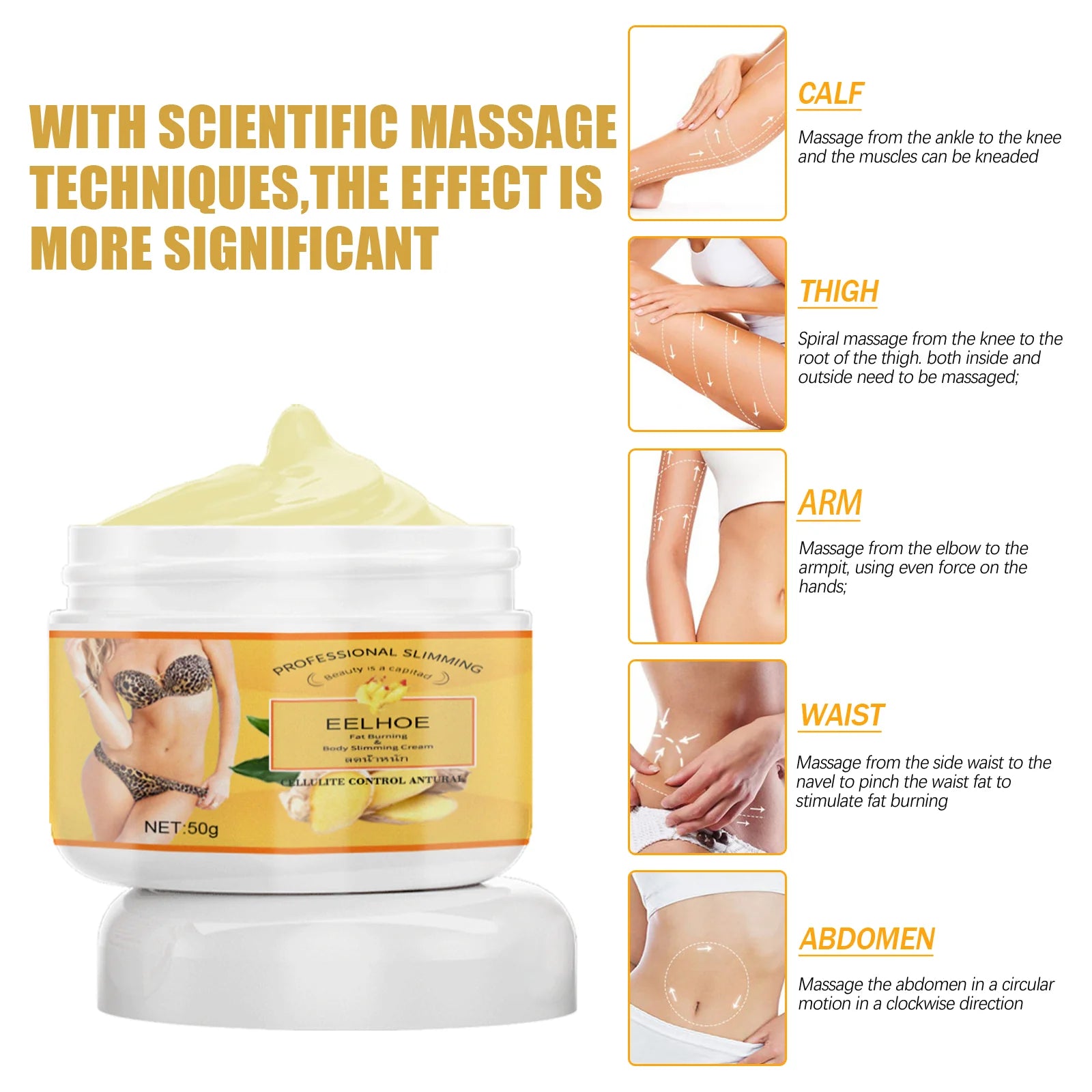Ginger Slimming Body Cream, Anti-Cellulite Firming Fat Burning Massage Lotion for Shaping Waist, Belly, Thighs, 50G