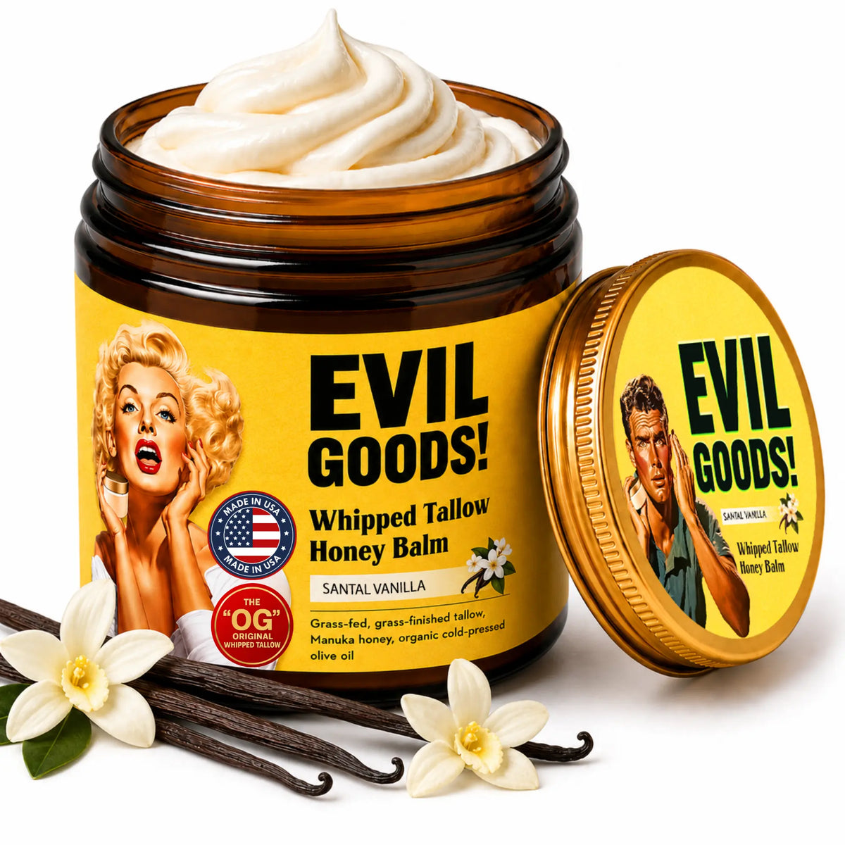 EVILGOODS Whipped Beef Tallow & Manuka Honey Balm Jar - 100% Natural Organic Vitamin-Infused Beauty Product, Grass-Fed Tallow Moisturizers & Mists, Oil-Based Hydration, Paraben-Free Healing Cream Moisturizers & Mists for Sensitive Skin