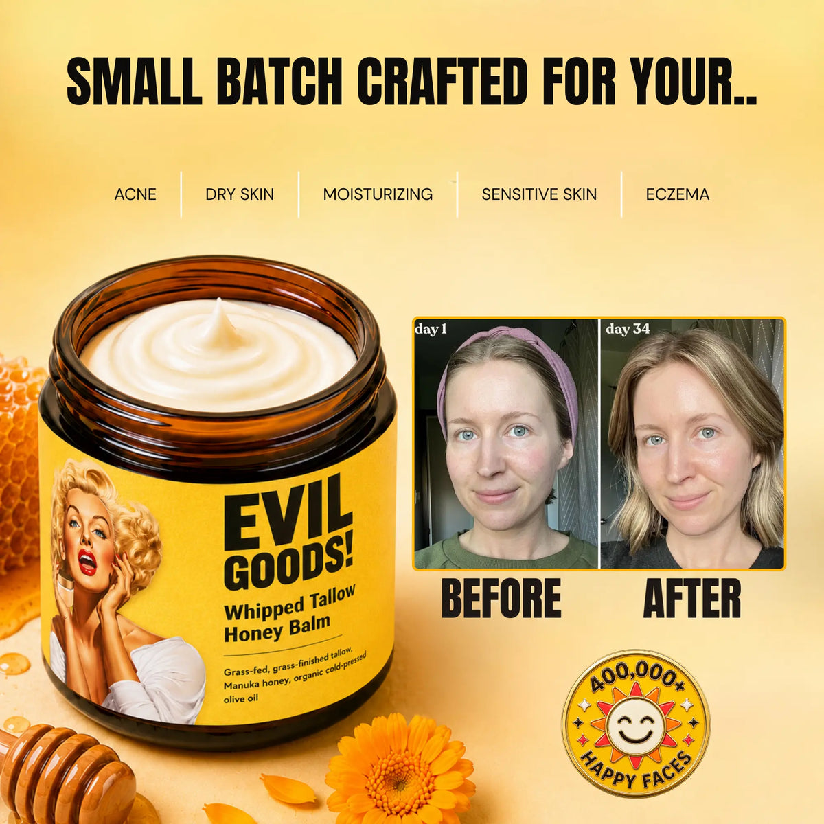 EVILGOODS Whipped Beef Tallow & Manuka Honey Balm Jar - 100% Natural Organic Vitamin-Infused Beauty Product, Grass-Fed Tallow Moisturizers & Mists, Oil-Based Hydration, Paraben-Free Healing Cream Moisturizers & Mists for Sensitive Skin