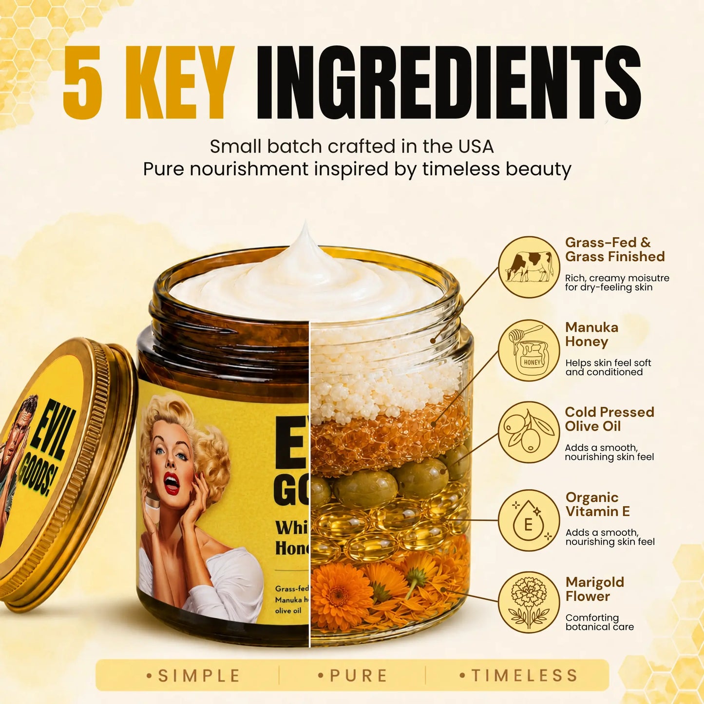EVILGOODS Whipped Beef Tallow & Manuka Honey Balm Jar - 100% Natural Organic Vitamin-Infused Beauty Product, Grass-Fed Tallow Moisturizers & Mists, Oil-Based Hydration, Paraben-Free Healing Cream Moisturizers & Mists for Sensitive Skin
